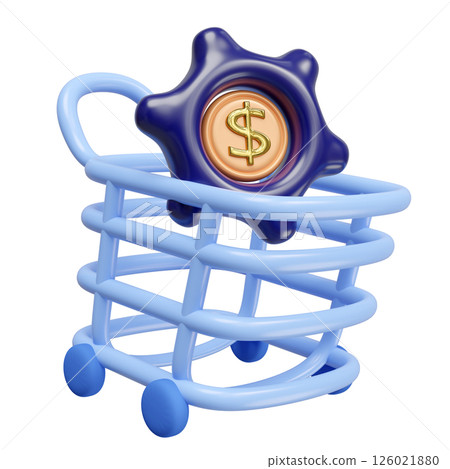 3d cartoon shopping cart icon with gear, dollars coins isolated. online stores, marketing concept, 3d render illustration 126021880