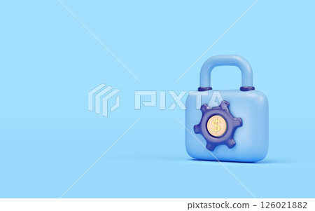 3d cartoon padlock icon with gear, dollars coins isolated on blue background. Internet security, privacy protection, ransomware protect, security business banking, saving money concept, 3d render 3d cartoon padlock icon with gear, dollars coins isolated on blue background. Internet security, privacy protection, ransomware protect, security business banking, saving money concept, 3d render 126021882