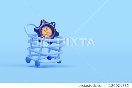 3d cartoon shopping cart icon with gear, dollars coins isolated on blue background. online stores, marketing concept, 3d render illustration 3d cartoon shopping cart icon with gear, dollars coins isolated on blue background. online stores, marketing concept, 3d render illustration 126021885