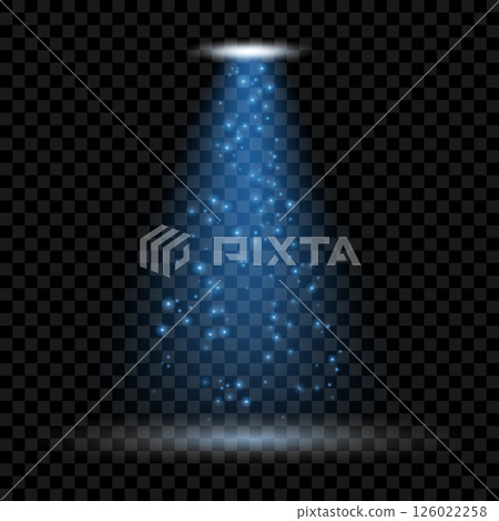 Blue spotlight shining on dark background with sparkles 126022258