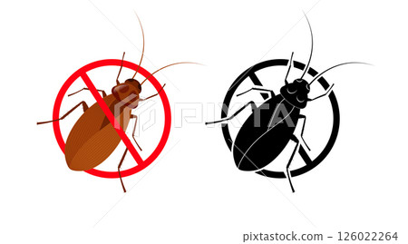 Cockroach crossing red forbidden sign, stop sign, black and white 126022264