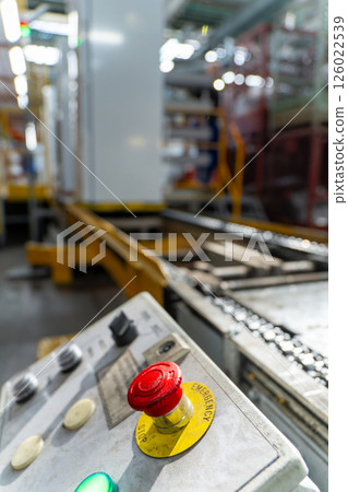Emergency Stop installed at line conveyor in refrigerator manufacturing plant. 126022539