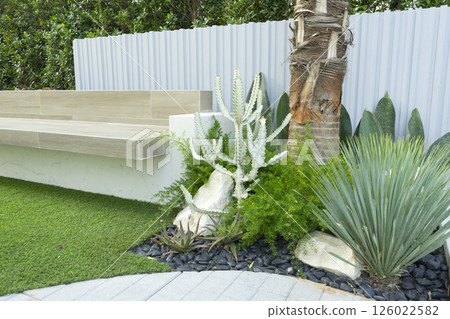 Green leave of beautiful plant and concrete bench in the small decorated garden in a home. Green leave of beautiful plant and concrete bench in the small decorated garden in a home. 126022582