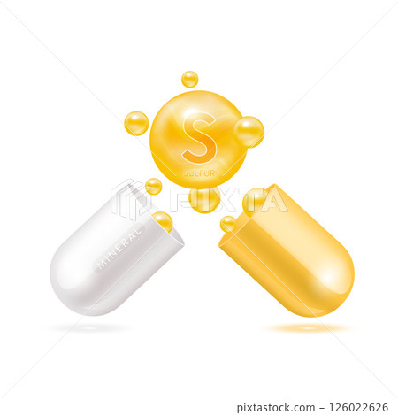 Sulfur mineral in capsule yellow 3d isolated on white background. Vector EPS10 illustration.Vitamins minerals complex for product design. Medical scientific concepts. 126022626