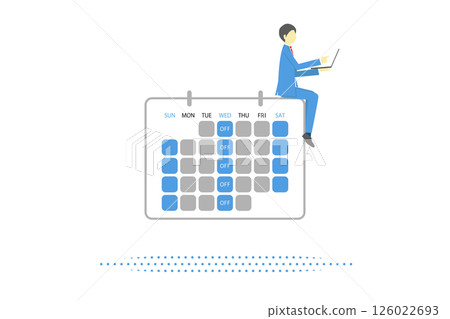 Illustration of a businessman sitting and working on a calendar reflecting a three-day work week Illustration of a businessman sitting and working on a calendar reflecting a three-day work week 126022693