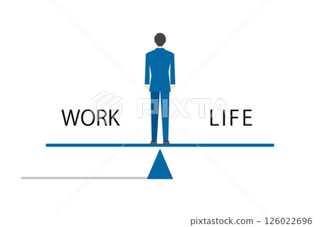一位商人站在蹺蹺板上的插圖,象徵工作與生活的平衡 一位商人站在蹺蹺板上的插圖,象徵工作與生活的平衡 126022696