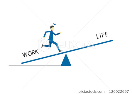 Illustration of a businessman running on a seesaw to achieve work-life balance 126022697