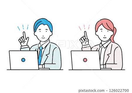 Illustration of a businessman and a businesswoman pointing at each other while using a laptop 126022700
