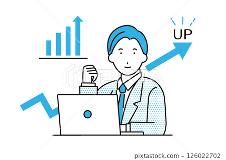 Illustration of a businessman using a computer making a fist pump after his grades and business performance improve 126022702