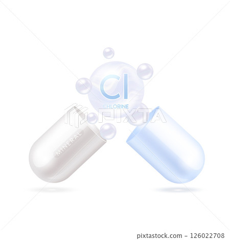 Chlorine mineral in capsule 3d isolated on white background. Vector EPS10 illustration. Vitamins minerals complex for product design. Medical scientific concepts. Chlorine mineral in capsule 3d isolated on white background. Vector EPS10 illustration. Vitamins minerals complex for product design. Medical scientific concepts. 126022708