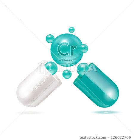 Chromium mineral in capsule green 3d isolated on white background. Vector EPS10 illustration. Vitamins minerals complex for product design. Medical scientific concepts. Chromium mineral in capsule green 3d isolated on white background. Vector EPS10 illustration. Vitamins minerals complex for product design. Medical scientific concepts. 126022709