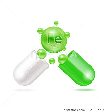 Iron mineral in capsule green 3d isolated on white background. Vector EPS10 illustration. Vitamins minerals complex for product design. Medical scientific concepts. Iron mineral in capsule green 3d isolated on white background. Vector EPS10 illustration. Vitamins minerals complex for product design. Medical scientific concepts. 126022714