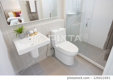 white toilet in modern home, white toilet bowl in cleaning room, flushing liquid in toilet, private toilet in modern room, interior equipment and modern restroom, cleaning toilet. 126022881