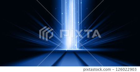 Scene futuristic neon glowing blue light ray with on dark blue background and lighting sparkle. Scene futuristic neon glowing blue light ray with on dark blue background and lighting sparkle. 126022903