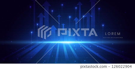 Arrow up glowing blue with lighting effect on dark blue background. Business investment graph down, financial data, futuristic technology. Arrow up glowing blue with lighting effect on dark blue background. Business investment graph down, financial data, futuristic technology. 126022904