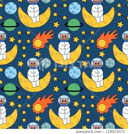 Seamless Pattern with cute Cat astronaut in space sit on moon. Stars, Constellation, Comet, Planet. Flat vector Illustration. Seamless Pattern with cute Cat astronaut in space sit on moon. Stars, Constellation, Comet, Planet. Flat vector Illustration. 126023071