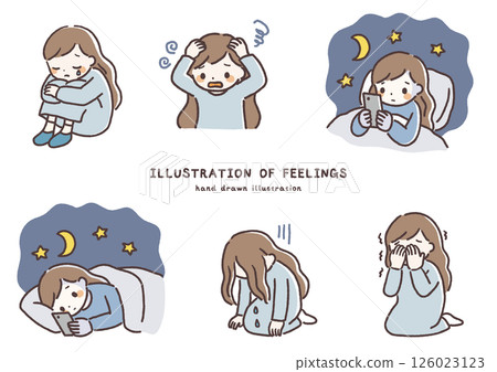 Hand-drawn illustration set of a woman feeling stress, anxiety and insomnia Hand-drawn illustration set of a woman feeling stress, anxiety and insomnia 126023123