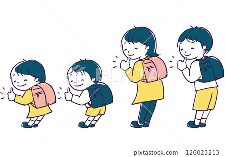 低年級和高年級的男孩和女孩背著書包擺出“好”的姿勢 - 自然的流行色彩 - 126023213