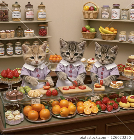 Cat fruit clerk cutting fruit 126023230