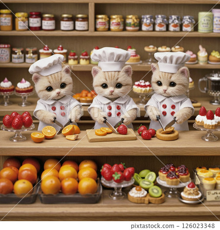 貓咪糕點師們正在努力製作甜點 126023348