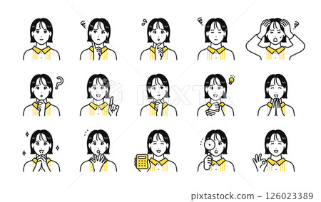 Young woman facial expression icon set 126023389