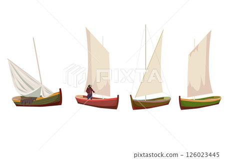 Set sailboat retro ship, fishery, travel vessel 126023445