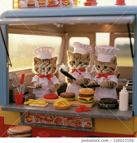 Kitten staff cooking burgers in a food truck 126023588