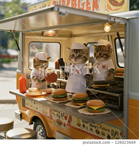 Kitten staff grilling hamburgers in a food truck 126023684