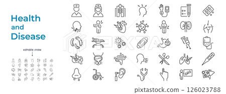 Medical themed vector line icon set. Sickness, illness, disease, clinical equipment and staff. Intended for school projects, health visuals, informative design.Editable stroke. Medical themed vector line icon set. Sickness, illness, disease, clinical equipment and staff. Intended for school projects, health visuals, informative design.Editable stroke. 126023788