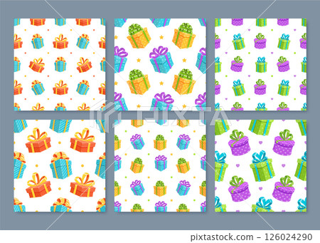 Cartoon gift box seamless pattern with colorful presents and ribbons. Includes festive bows for holiday and birthday celebration. Ideal for vibrant themed set. Cartoon gift box seamless pattern with colorful presents and ribbons. Includes festive bows for holiday and birthday celebration. Ideal for vibrant themed set. 126024290