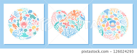 Underwater heart and circle doodle in cartoon graphic style. Vibrant ocean concept features marine life such as fish, coral, turtle, and starfish. Aquatic shapes create a seamless round pattern, 126024293