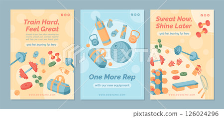 Flat fitness banner design with gym equipment set. Dumbbells, kettlebells, and accessories for exercise and training. Vibrant background set for sport workout promotion. 126024296