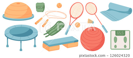 Colorful flat illustration of gym equipment set. Vibrant exercise gear and training accessories for fitness and workout. Dynamic background highlighting sport lifestyle, ideal for healthy activity 126024320