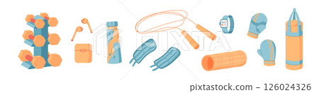 Colorful flat gym equipment set featuring accessories for fitness and workout. Includes dumbbells, training gear, and more. Perfect for sport, healthy lifestyle, gym background. Colorful flat gym equipment set featuring accessories for fitness and workout. Includes dumbbells, training gear, and more. Perfect for sport, healthy lifestyle, gym background. 126024326