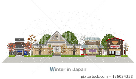 日本城鎮景觀的插圖。白雪皚皚的日本。 日本城鎮景觀的插圖。白雪皚皚的日本。 126024338