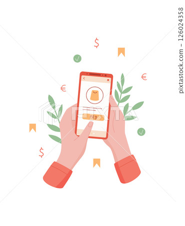 Phone held in two hands with payment app displayed. Digital device shows options for online order and sale on its screen. User engages with mobile technology for simple shopping, effective 126024358