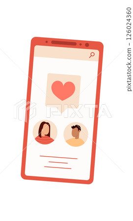 Smartphone displays a dating app on the screen. Mobile app features profiles of people for online interaction. Chat application connects users through communication, flat design, ideal for digital 126024360