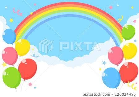 Simple blue sky, clouds, rainbow, balloons, confetti background illustration 126024456