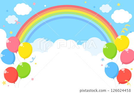 Simple blue sky, clouds, rainbow, balloons, confetti background illustration 126024458