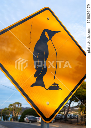 Penguin crossing warning sign on a coastal road, Kangaroo Island 126024479