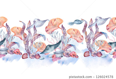 Colorful watercolor seamless ocean border with vibrant seaweeds and fishes isolated. Hand painted tropical marine plants on repeat texture in vibrant orange and coral shades for exotic branding. Colorful watercolor seamless ocean border with vibrant seaweeds and fishes isolated. Hand painted tropical marine plants on repeat texture in vibrant orange and coral shades for exotic branding. 126024578