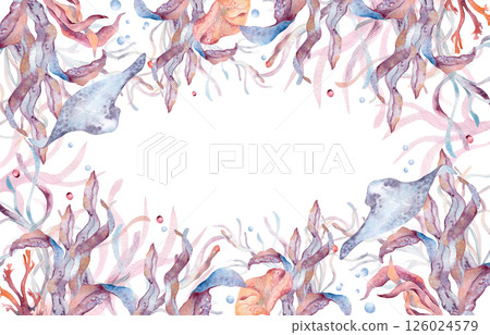 Tropical underwater landscape with coral reefs, seaweed dusty pink tones watercolor on white. Sea plants and creatures frame painted for beach themed designs, summer invitation, and marine label. 126024579