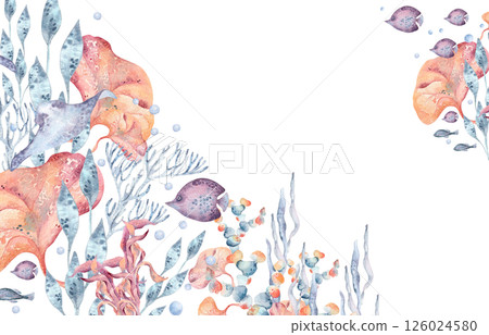 Marine border of orange seaweeds with blue coral, fishes clown watercolor isolated. Ocean flora banner. Hand drawn sea life in bright tones for coastal design, invitation, packaging, nautical decor. 126024580
