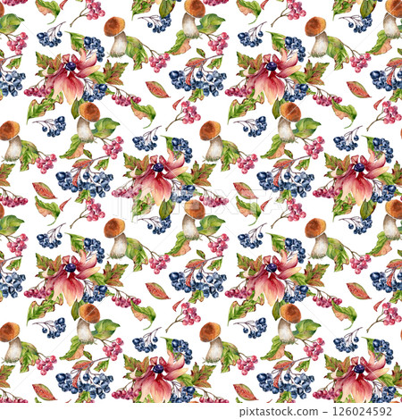 Pink flowers, mushrooms brown orange cap, red berries in watercolor seamless pattern isolated. Woodland repeated background of chokeberry and wild plants hand drawn. Autumn floral texture pink tones. Pink flowers, mushrooms brown orange cap, red berries in watercolor seamless pattern isolated. Woodland repeated background of chokeberry and wild plants hand drawn. Autumn floral texture pink tones. 126024592