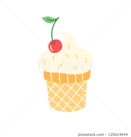 Cute hand drawn ice cream cone with cherry on top. Vector illustration in cartoon style for summer, kids, and dessert-themed designs. Cute hand drawn ice cream cone with cherry on top. Vector illustration in cartoon style for summer, kids, and dessert-themed designs. 126024644
