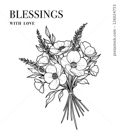 一束飄逸的花與洋子，優雅美麗，適合慶祝或感恩。大和號盡可能地向方形方向縮小，也適應了彩色的日本漆烏 126024753