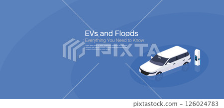 EV Electric SUV car and Floods concept showing an electric car and charger surrounded by water, representing climate risks and safety concerns in urban flooding situations. EV Electric SUV car and Floods concept showing an electric car and charger surrounded by water, representing climate risks and safety concerns in urban flooding situations. 126024783