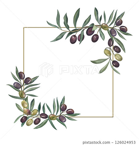 Golden square frame of olive branches with green and black olives. Watercolor illustration is hand drawn in botanical style. Elegant template for wedding invitation, Mediterranean decor for cards 126024953