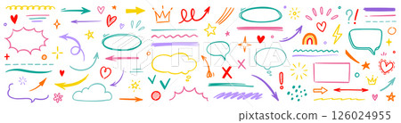 Line hand drawn brush marker arrow, heart shape element kid color set. Hand drawn sketch marker underline shape, arrow, star marker brush pen stroke icon heart element. Vector 126024955