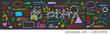 Line hand drawn brush marker underline, highlight, star element color kid set. Hand drawn sketch marker underline shape, arrow, star scribble brush pen stroke highlight element. Vector 126024956